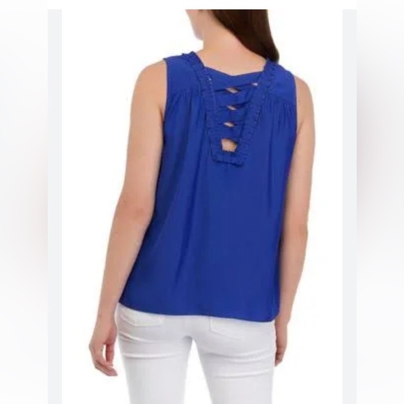 Philosophy Air Flow Ruffled top with lace up back Ultramarine Blue Tank Top - Picture 12 of 13